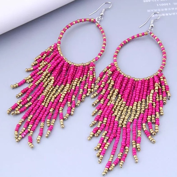 Pink Gold Boho Beaded Earrings NWT - Picture 3 of 4